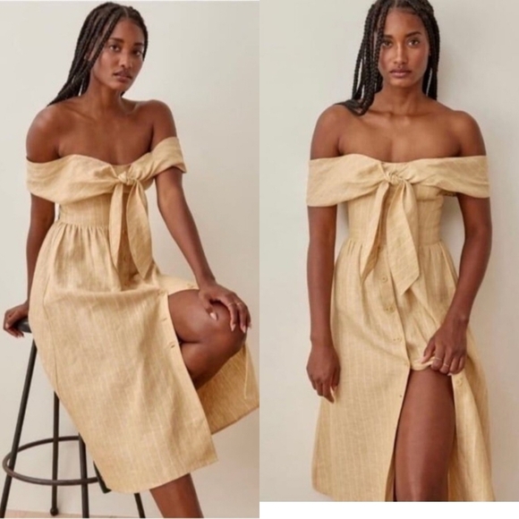 Reformation Dresses & Skirts - Reformation Barrington Pinstripe Linen Dress Yellow Size 4 NWT